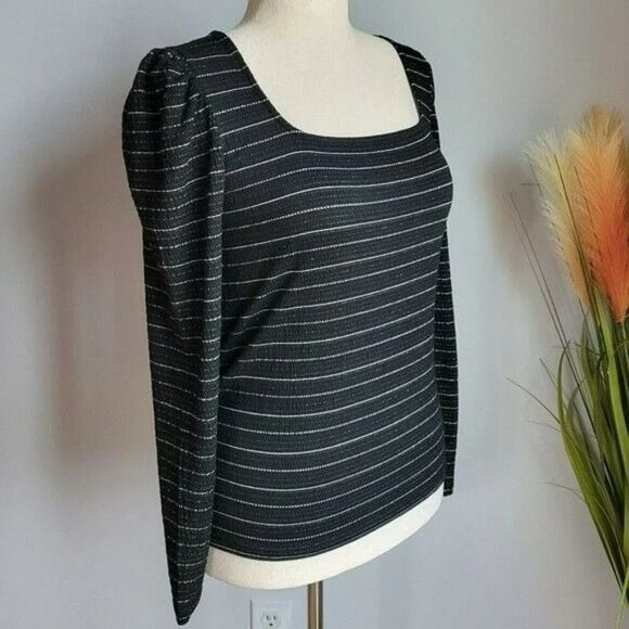 LOFT, New, Black Sparkle Puff Sleeve Square Neck Stretch Knit Top Size Medium - Picture 4 of 12